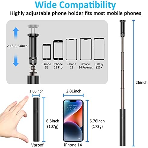 Vproof Monopod Selfie Stick Bluetooth, Lightweight Monopod Aluminum All in One Extendable Monopod Compact Design, Compatible with iPhone 14 Pro Max/14 Pro/14/14 Plus, Galaxy S22 - Image 3